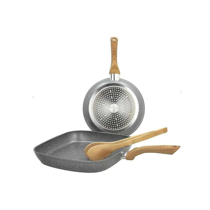 Avilia Non-Stick Round Frying Pan Set with Square Grill and Tongs – Frying Pan Set, Induction Grill and Tongs, Marmotech Coating and Bamboo Tongs, 24 cm Frying Pan and 28 cm Grill Pan