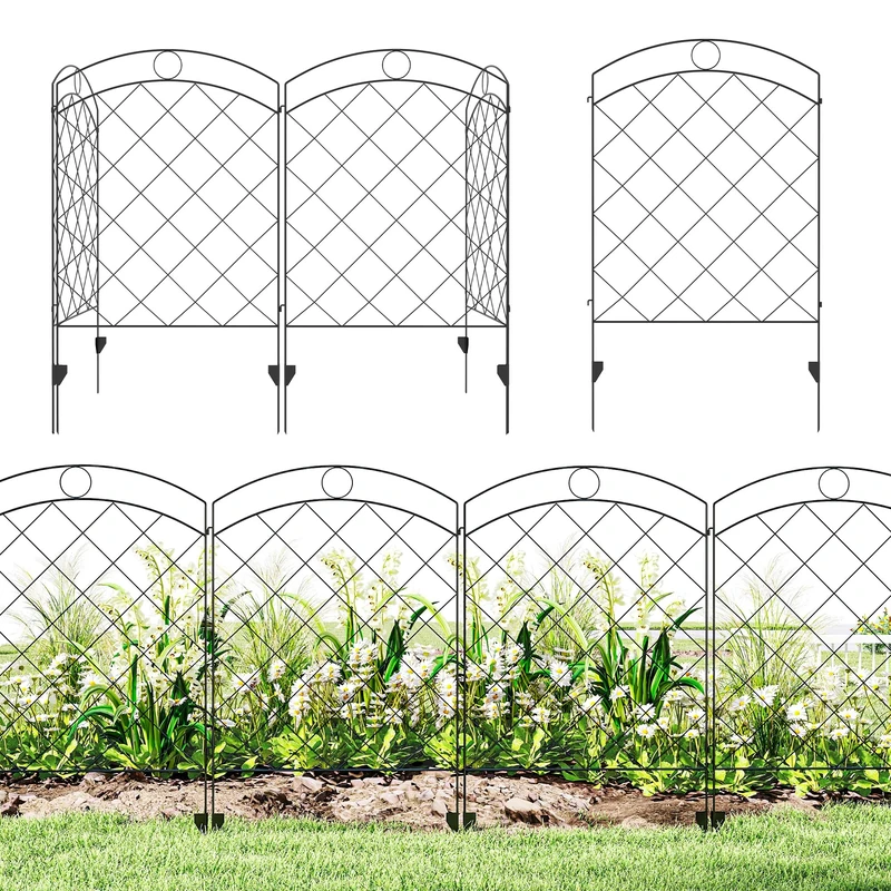 Outsunny Decorative Garden Fencing, 43in x 11.4ft Outdoor Picket Fence Panels, 4PCs Rustproof Steel Wire Landscape Flower Bed Border Edging, Black