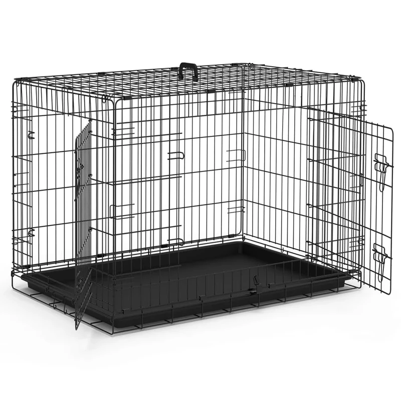 VOUNOT® Dog Crate Portable Pet Crate Foldable Secure Puppy Cage with 2 Doors, Removable Slide Tray, Carry Handles, XL 42 Inches, Black