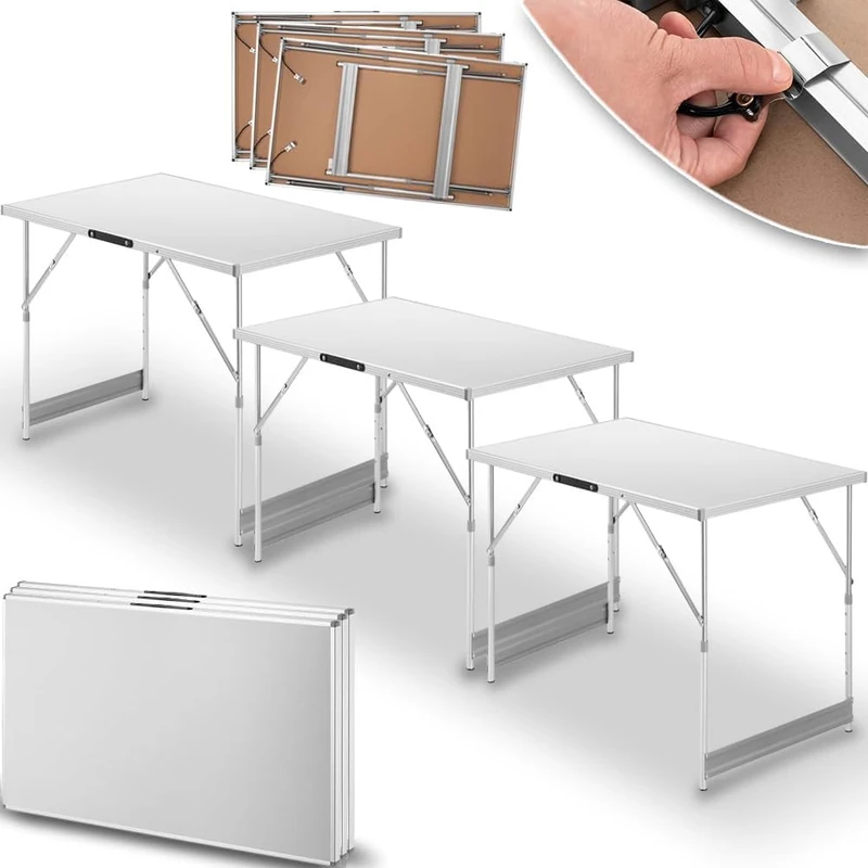 BAKAJI Set of 3 Multifunctional Folding Tables for Outdoors, Coffee Tables with 4 Adjustable Heights, and Carry Handle, Adjustable Camping Table for Picnic, Outdoors, Camping, Capacity 30 kg (White)