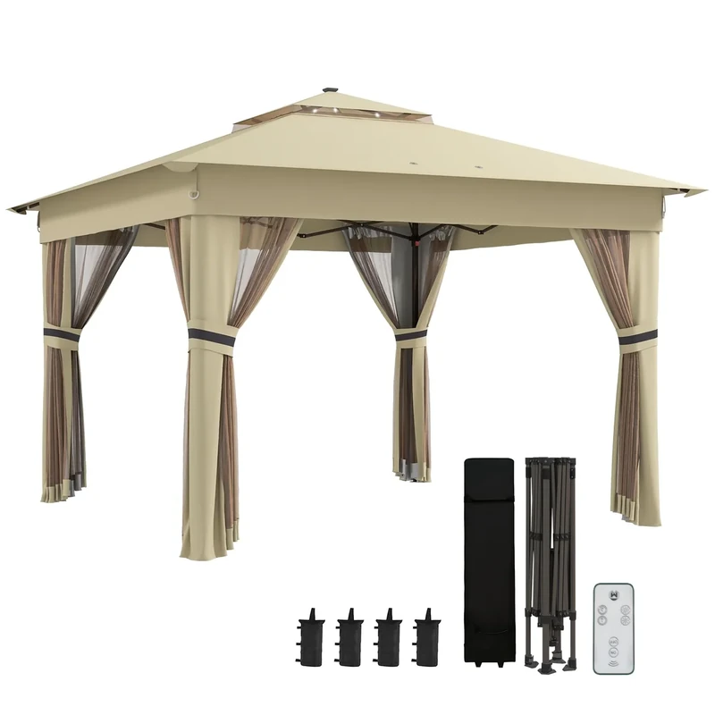 Outsunny 3 x 3(m) Pop Up Gazebo with Sides, 20 Solar-Powered LED Lights, Netting, Roller Bag, 4 Weight Bags, Marquee Party Tent, Height Adjustable Instant Event Shelter, Khaki - Image 1