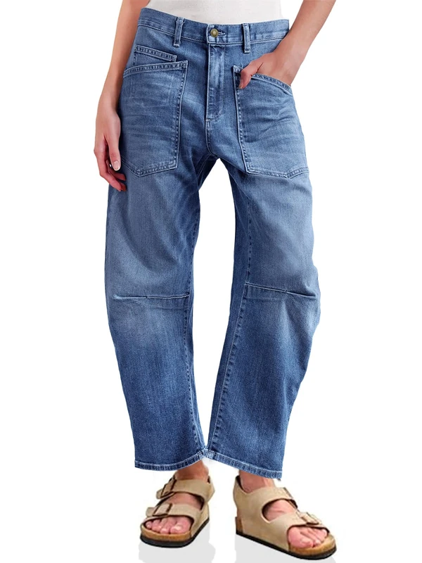 PLNOTME Womens Baggy Barrel Jeans Boyfriend High Waisted Wide Leg Cropped Ankle Denim Pants, Blue, 10