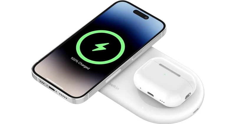 Belkin BoostCharge Pro 2-in-1 Wireless Charging Station with Magnetic Qi2 (15W), Wireless Charger for iPhone, Compatible with iPhone 16/15/14/13/12 Series, AirPods and Other MagSafe Devices - White