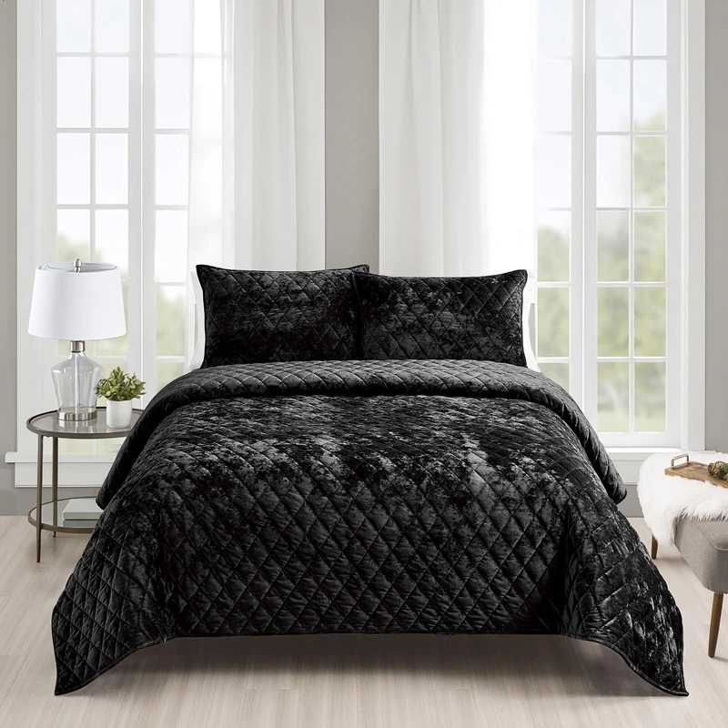 Fredsure Distressed Velvet Quilt Set Bedding, 3 Pieces Black Queen, Distressed Velvet Face and Brushed Microfiber Reverse with Diamond Quilting