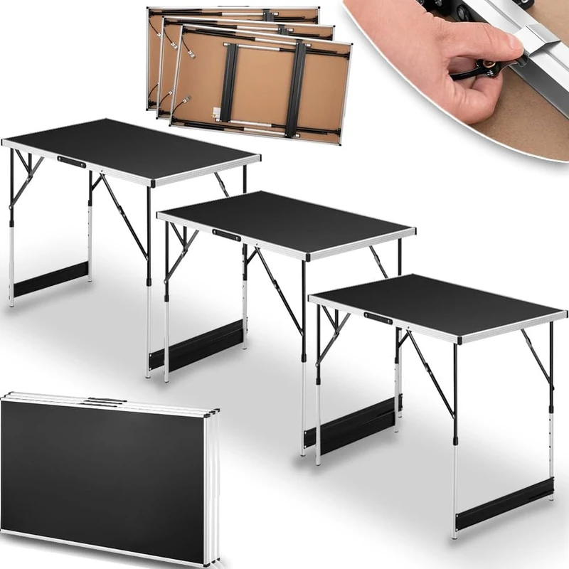 BAKAJI Set of 3 Multifunctional Folding, Coffee 4 Heights and Carry Handle, Adjustable Table for Picnic, Outdoors, Camping, Load 30 kg, Aluminium frame, Black, Unica