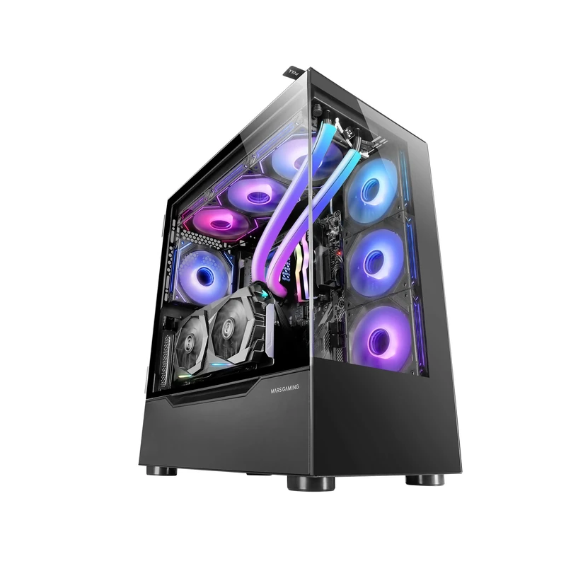 Mars Gaming MC-ULT, Custom XXL E-ATX Gaming Case, Dual Tempered Glass 90º Frameless + Side Door, Full Liquid Cooling Support, PC Tower with Dual Vertical Chamber Design, Black