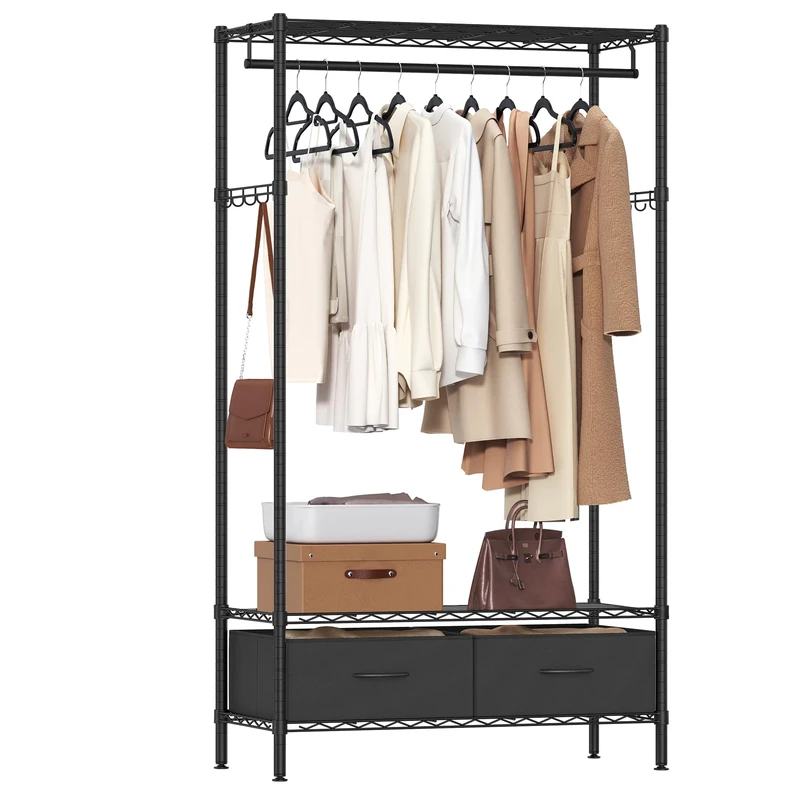 SONGMICS Clothes Rack, Heavy-Duty Garment Rack, Clothing Rack with Mesh Shelf, 2 Fabric Drawers, Hanging Rail, Hooks, Freestanding Portable Wardrobe Closet Rack, Ink Black LGR411B02