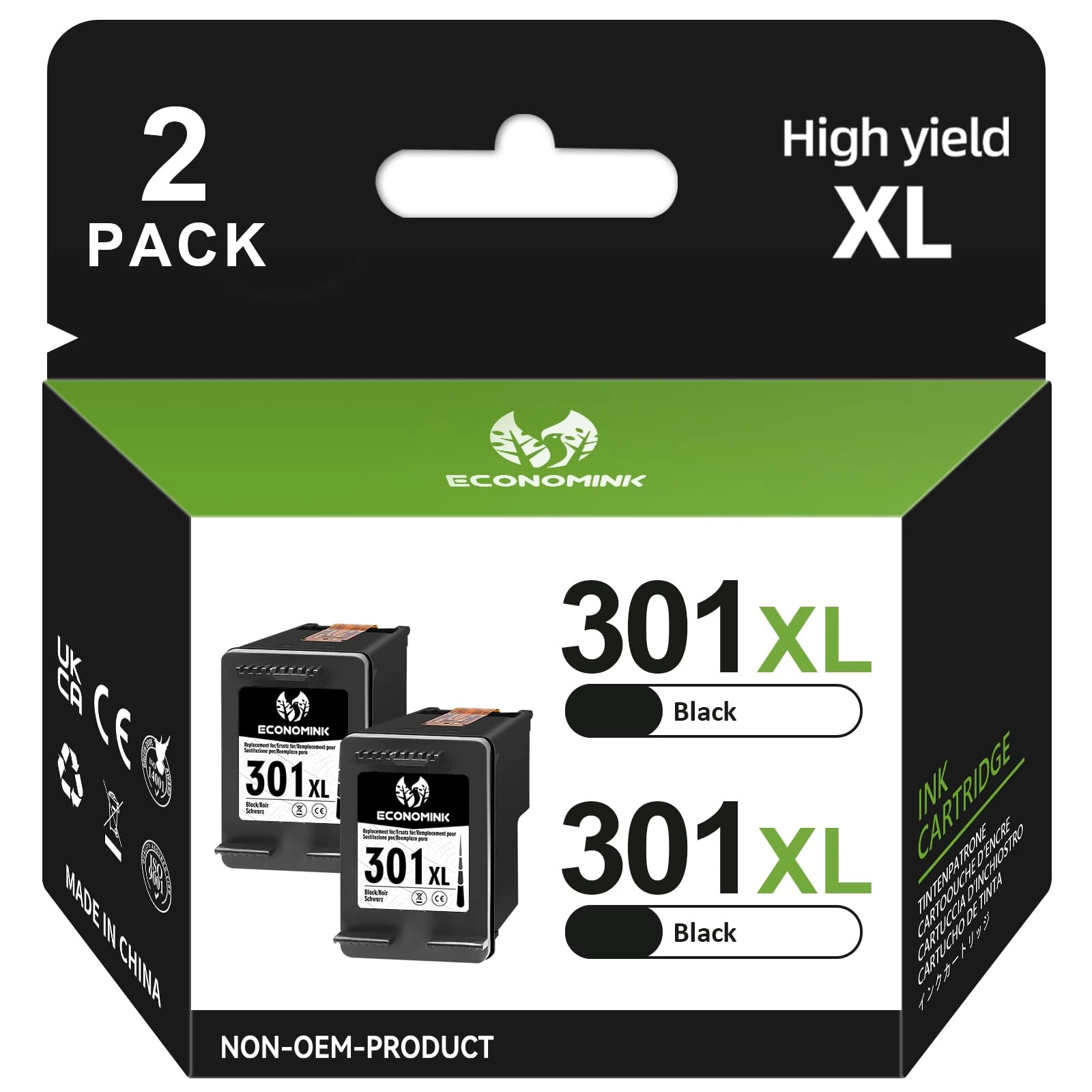 301XL Ink Cartridges High Yield Replacement for HP 301 Black Ink Cartridge, 301XL Black for 3050 1050 2544 4500 4504 2620 4630 4632 4634 Printer (2 Pack)