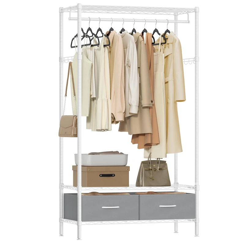 SONGMICS Clothes Rack, Heavy-Duty Garment Rack, Clothing Rack with Mesh Shelf, 2 Fabric Drawers, Hanging Rail, Hooks, Freestanding Portable Wardrobe Closet Rack, Cloud White and Dove Grey LGR411W01