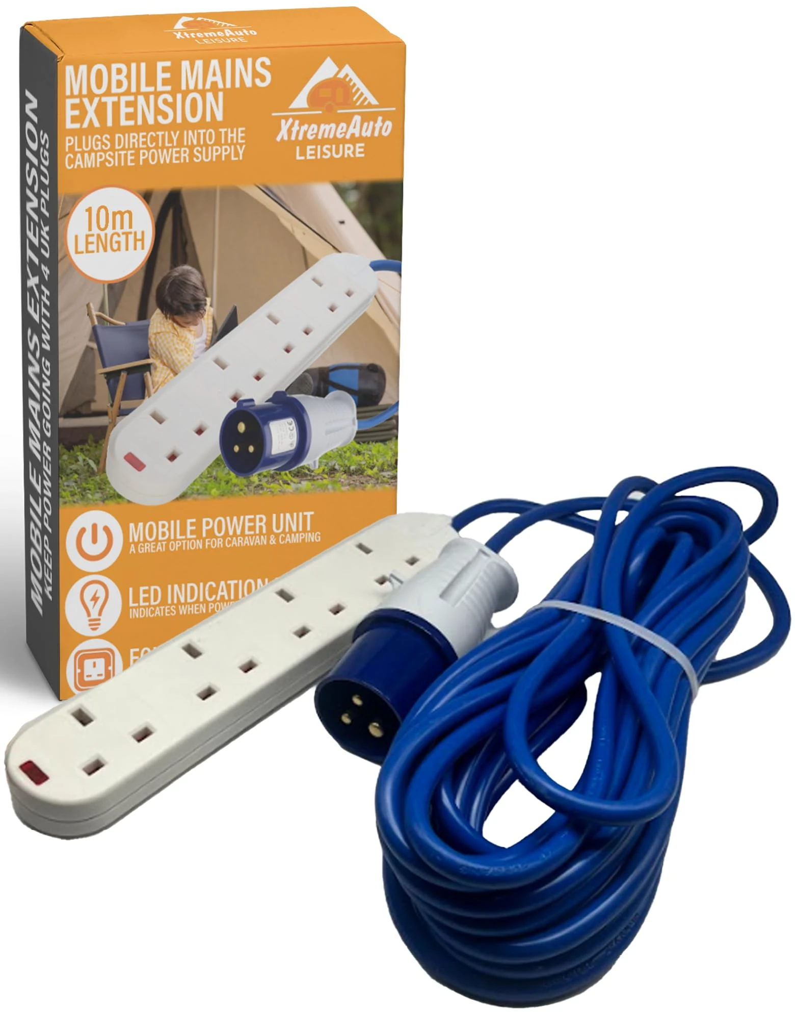 Xtremeauto Camping Electric Hook Up Cable Extension Lead - 4 Gang Camping Cable Plug Power Hookup Sockets, Perfect Accessory For Caravan, Tent & Motorhome Mains Camping Power Lead EHU Cable (10M)