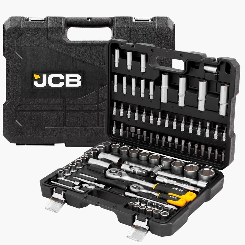 JCB 94 Piece Socket & Bit Set - Chrome Vanadium Steel, 72-Tooth Ratchet, 5° Swing, Blow Mold Case, Spanners & Bits for Mechanical and Maintenance Use - 3 Year Warranty