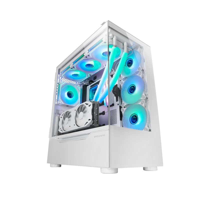 Mars Gaming MC-ULT, Custom XXL E-ATX Gaming Case, Dual Tempered Glass 90º Frameless + Side Door, Full Liquid Cooling Support, PC Tower with Dual Vertical Chamber Design, White