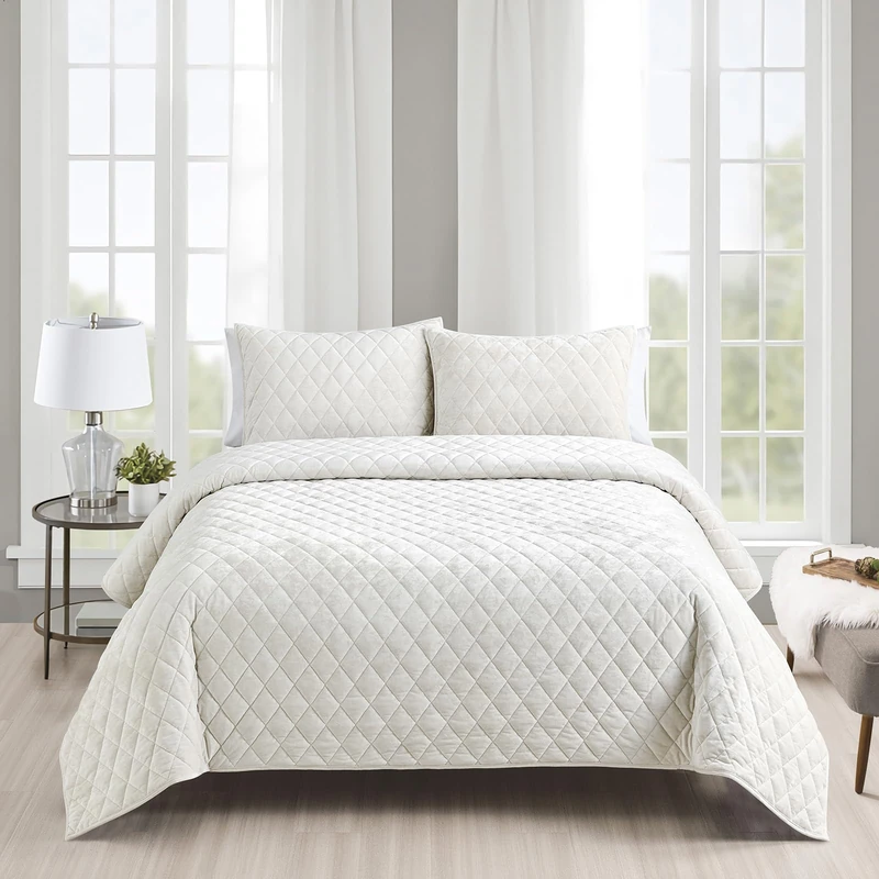 Fredsure Distressed Velvet Quilt Cover Set, 3 Pieces Light Ivory King, Distressed Velvet Face and Brushed Microfiber Reverse with Diamond Quilting