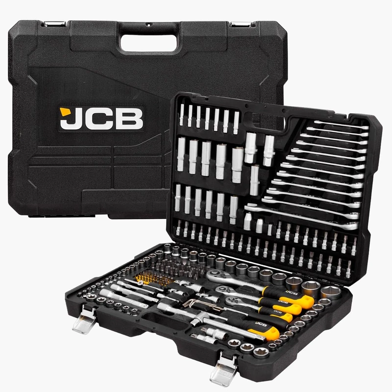 JCB 216 Piece Socket and Bit Set Chrome Vanadium Steel Mechanics Tool Kit with Ratchets Spanners Hex Keys and Screwdriver for Automotive and DIY Use