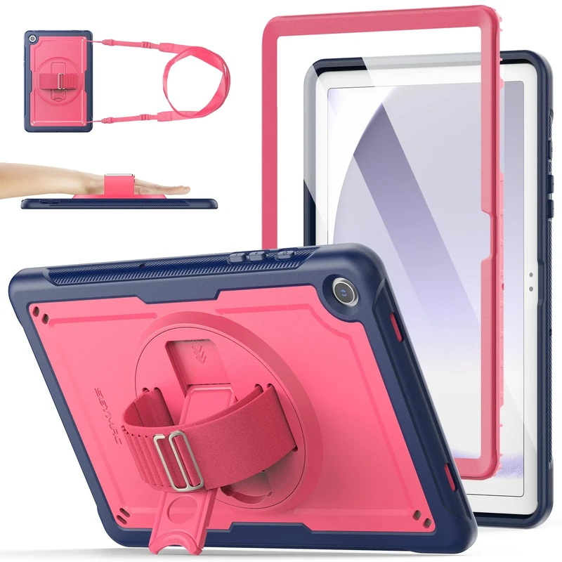 SEYMAC stock Case for Samsung Galaxy Tab A9 Plus/ A9+ Case 11 inch 2023, Frosting-Anti-Slip, Shockproof Cover with Screen Protector, 360° Rotating Hand Strap/Stand & Shoulder Strap, Red/Dark Blue