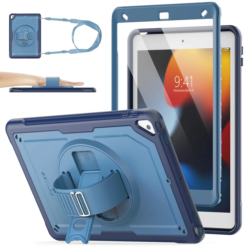 SEYMAC stock Case for iPad 9th/8th/7th Generation 10.2 Inch, Frosting-Anti-Slip, Shockproof Case with Screen Protector, 360 Rotating Hand Strap/Stand, Pencil Holder, Shoulder Strap, Dark Blue