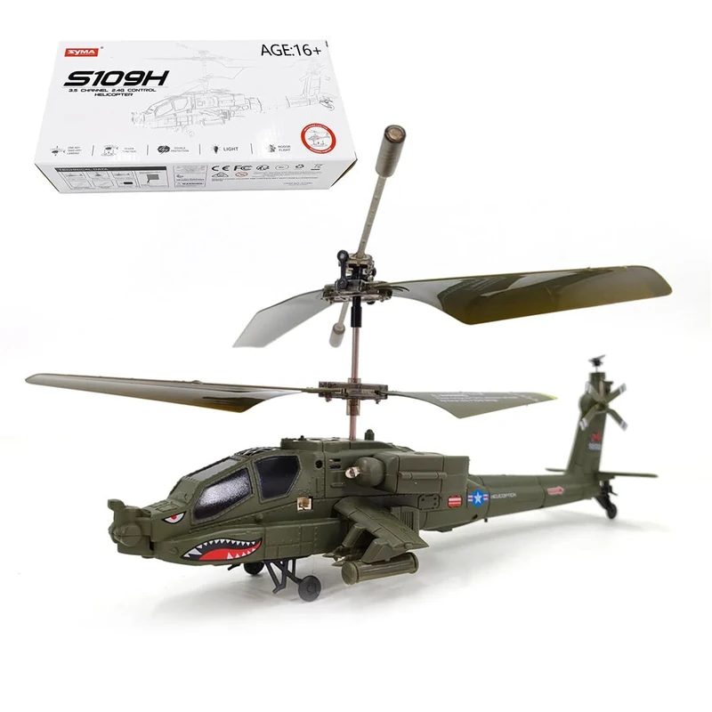 RC Helicopter Model, S109H Apache Helicopter 2.4G RC 3CH Dual-Prop Gyro Stabilized Airplane Model with Bright Night Navigation Lights, Adult Kids Toys (RTF Version/Army Green)