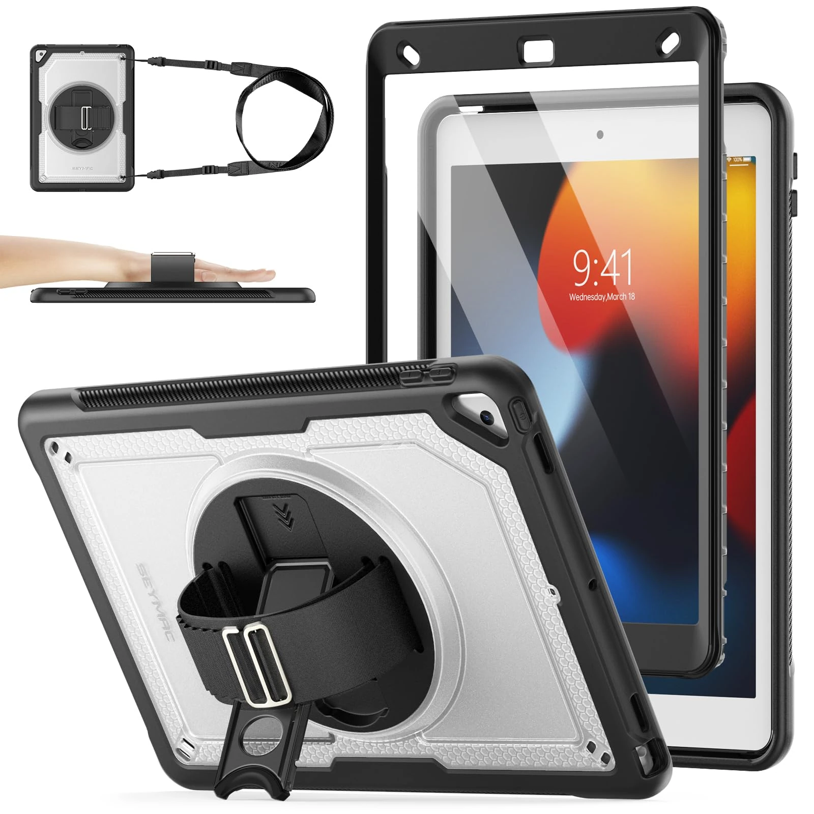 SEYMAC stock Case for iPad 9th/8th/7th Generation 10.2 Inch, Frosting-Anti-Slip, Shockproof Case with Screen Protector, 360 Rotating Hand Strap/Stand, Pencil Holder, Shoulder Strap, Clear/Black