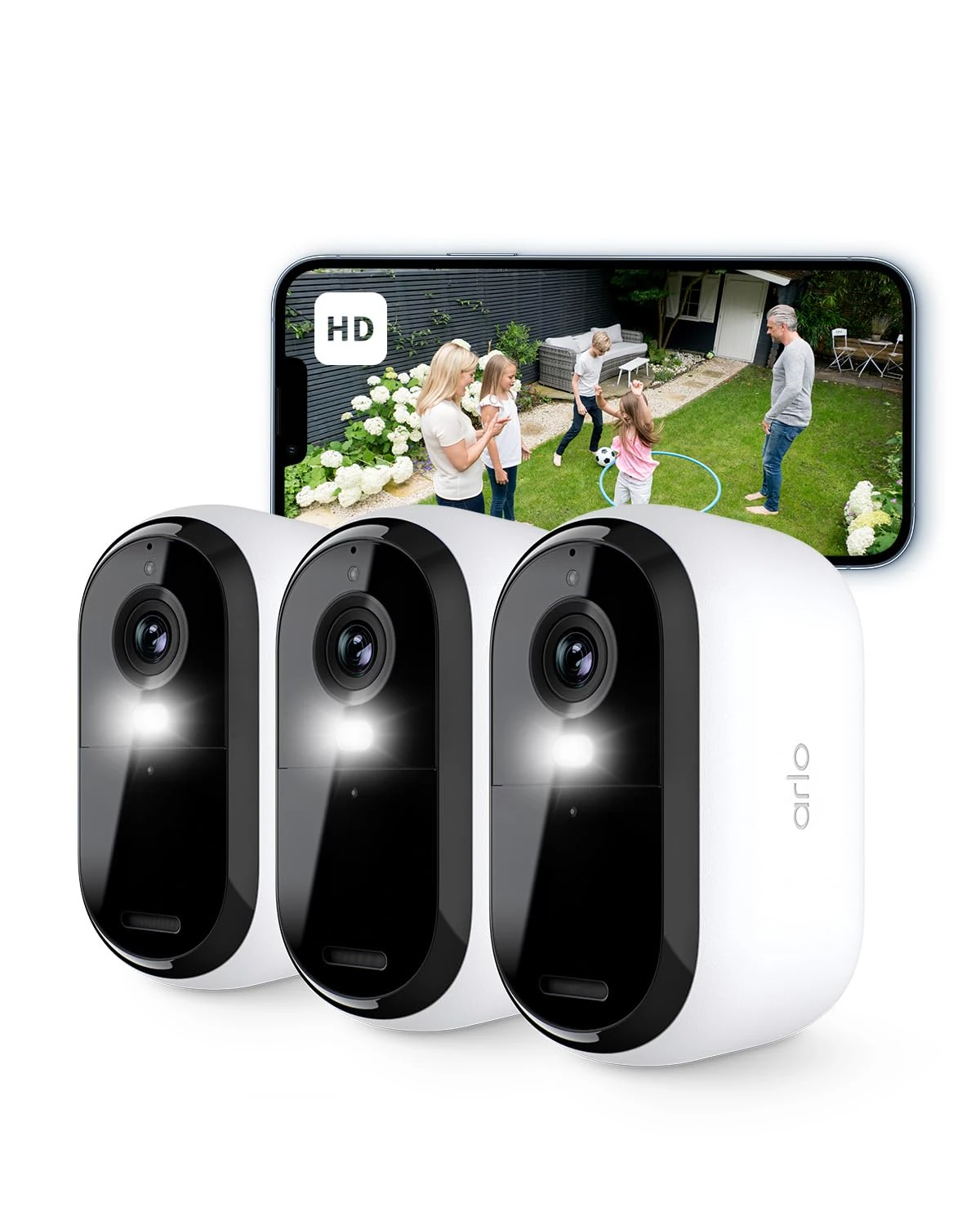 Arlo Essential 2 HD Video Security Camera Outdoor Wireless, Battery Operated Home Camera With Colour Night Vision, Light, Siren, 2 Way Audio & WiFi, Arlo Secure Free Trial, 3 Cameras, White
