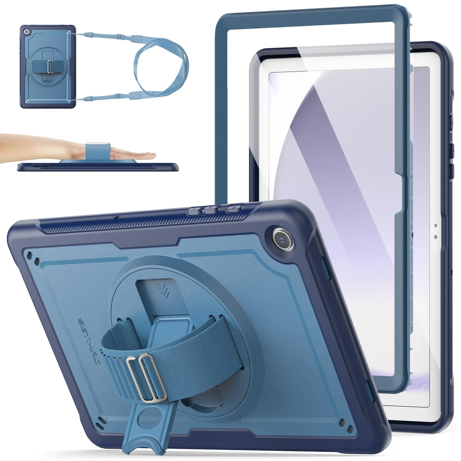 SEYMAC stock Case for Samsung Galaxy Tab A9 Plus/ A9+ Case 11 inch 2023, Frosting-Anti-Slip, Shockproof Cover with Screen Protector, 360° Rotating Hand Strap/Stand & Shoulder Strap, Dark Blue