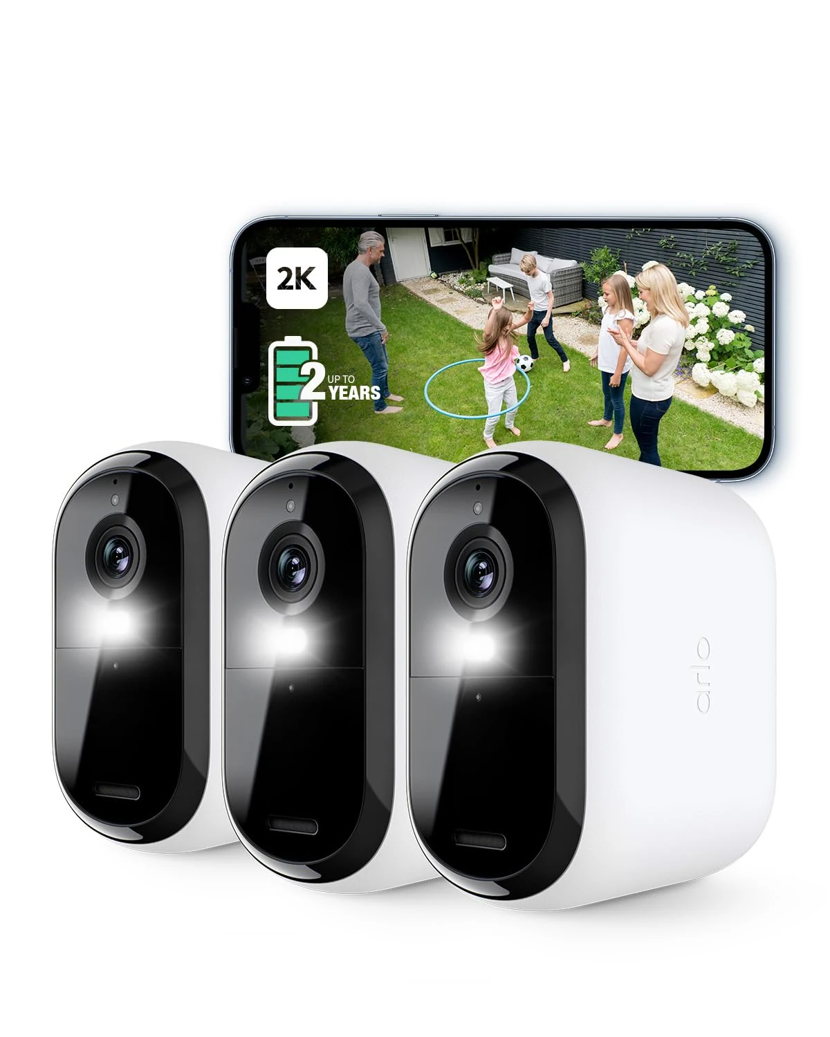 Arlo Essential 2K XL Video Security Camera Outdoor Wireless, XL Battery Operated Home Camera With Colour Night Vision, Light, Siren, 2 Way Audio & WiFi, Arlo Secure Free Trial, 3 Cameras, White
