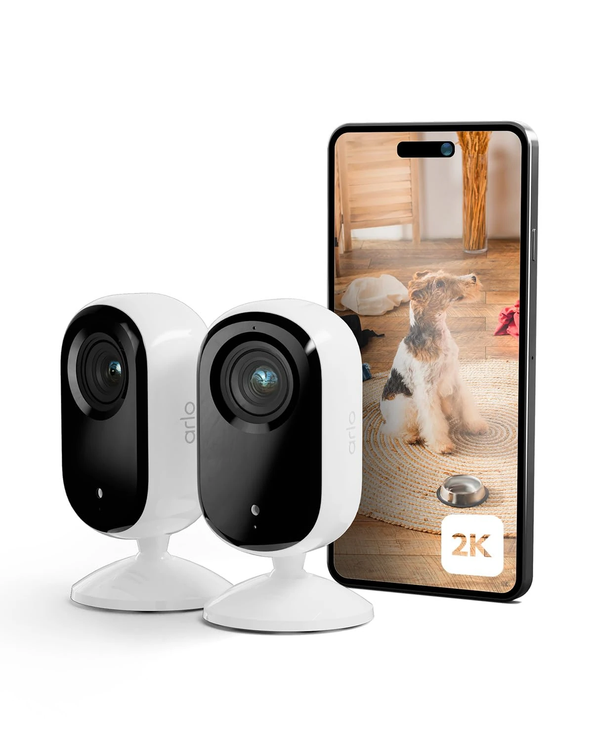 Arlo Essential 2K Indoor Pet Security Camera, Wired Home CCTV Camera Indoor With Night Vision, Siren, 2 Way Audio & WiFi, Arlo Secure Free Trial, 2 Cameras, with auto privacy lens cover, white