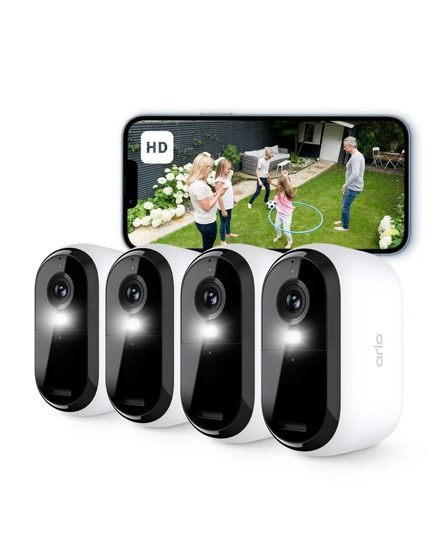Arlo Essential 2 HD Video Security Camera Outdoor Wireless, Battery Operated Home Camera With Colour Night Vision, Light, Siren, 2 Way Audio & WiFi, Arlo Secure Free Trial, 4 Cameras, White