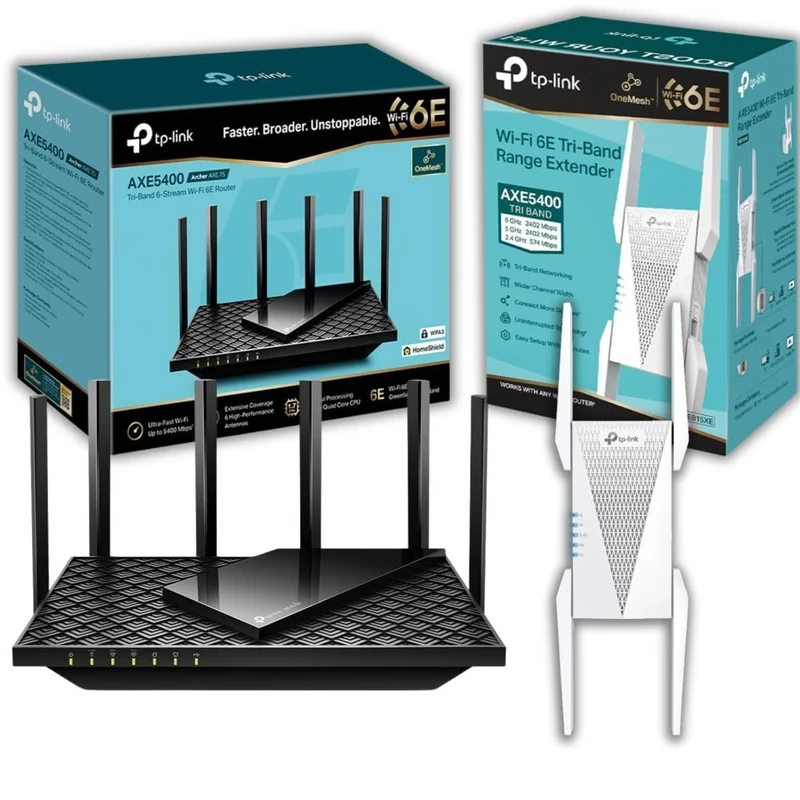 TP-Link AXE5400 Tri-Band Wi-Fi 6E Router and Tri-Band Mesh Wi-Fi 6E Range Extender Bundle, Wi-Fi Speed up to 5400 Mbps, Built-In Access Point Mode (Archer AXE75 & RE815XE)