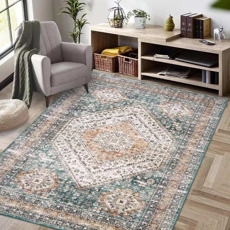 Zstar Rugs, Stain Resistant Washable Rug, Lint Free Rugs for Living Room, Bedroom, Non-Slip Backing, Home Decoration, Area Rug, Blue Green, 160 x 230 cm