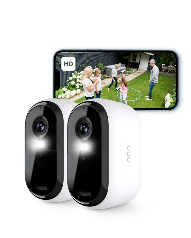 Arlo Essential 2 HD Video Security Camera Outdoor Wireless, Battery Operated Home Camera With Colour Night Vision, Light, Siren, 2 Way Audio & WiFi, Arlo Secure Free Trial, 2 Cameras, White