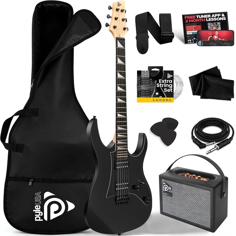 Pyle Solid Body Electric Guitars, 99 cm Full Size Electric, Prog Rock EG Series with Dual Humbucker Pickups, Low Profile Neck, Paulownia Construction, DIY Guitar Kit with Amp, Black Matte