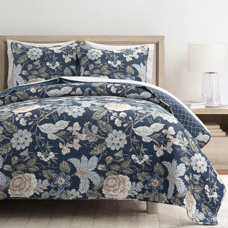 Lush Decor Sydney Reversible Cotton Quilt Navy/Multi 3 Piece Set King - Soft Lightweight Printed Floral Bedding Set for All Season