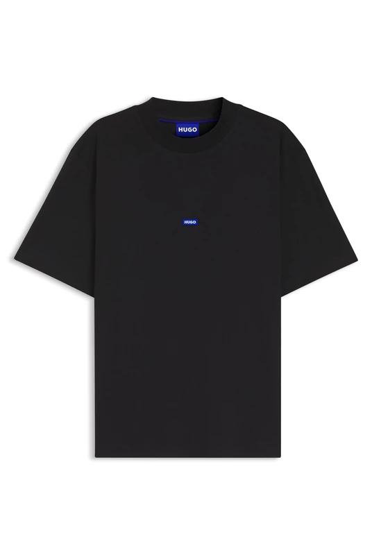HUGO Mens Nieros Cotton-Jersey T-Shirt with Logo Badge Black