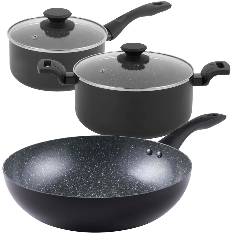 PROGRESS COMBO-8964 Marble Ceramic Pan Set – 3 Piece with 20 cm Saucepan, 24 cm Stockpot, 28 cm Stir Fry Pan, Healthy Ceramic Non-Stick Coating, PFAS-Free, Induction, Lightweight Aluminium Cookware