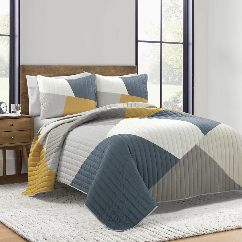 Lush Decor Modern Color Block Quilt Multi 3 Piece Set Full/Queen - Soft Lightweight Quilted Minimalist Mid Century Bedding Set for All Season