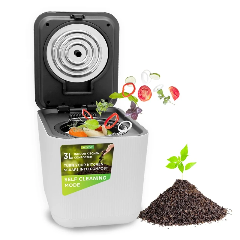 Nutrichef 3L Electric Kitchen Composter - Compost’s Organic Material & Food Scraps | Countertop Automatic Compost Bin | Dry, Crush, & Cooling Functions | Perfect for Kitchens & Apartments | White