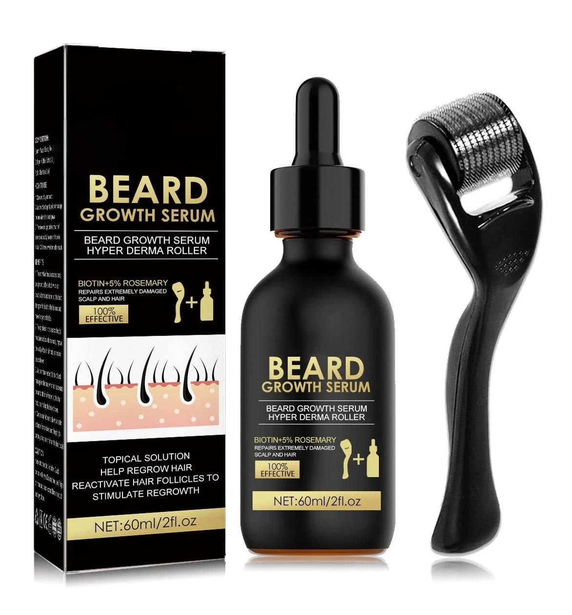 Beard Growth Kit With Derma Roller & Natural Ingredients Serum - Rapid Growth & Thickening - Grooming Kit For Men - Gifts For Dad