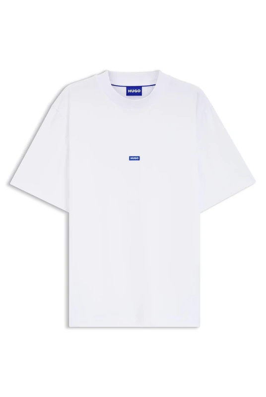 HUGO Mens Nieros Cotton-Jersey T-Shirt with Logo Badge White