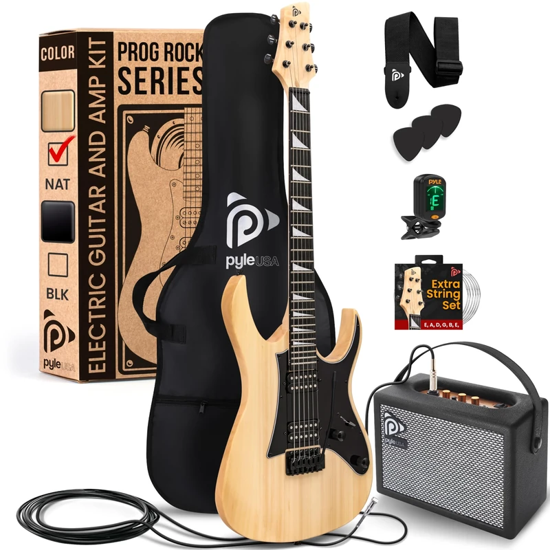 Pyle Solid Body Electric Guitars 99cm, Prog Rock EG Series with Dual Humbucker Pickups, Low Profile Neck, Paulownia Construction, DIY Guitar Kit with Amp and Accessory Set, Natural Gloss