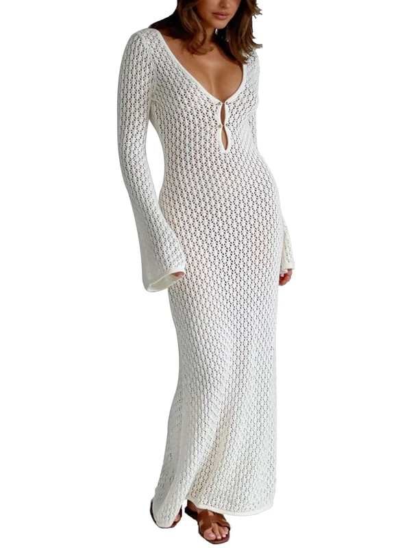 Leoparts Crochet Swimsuit Cover Up for Women Sexy V Neck Hollow Out Backless Maxi Dress Beach Bikini Coverup Dresses, 2402 White, Medium