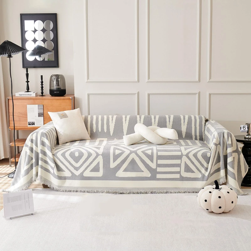VCLIFE Oversized Boho Couch Cover Non-slip Chenille Sectional Sofa Cover White & Grey Geometric L Shape Sofa Slipcover for 2 Couch Cushion Sofa Protector 91"X118"
