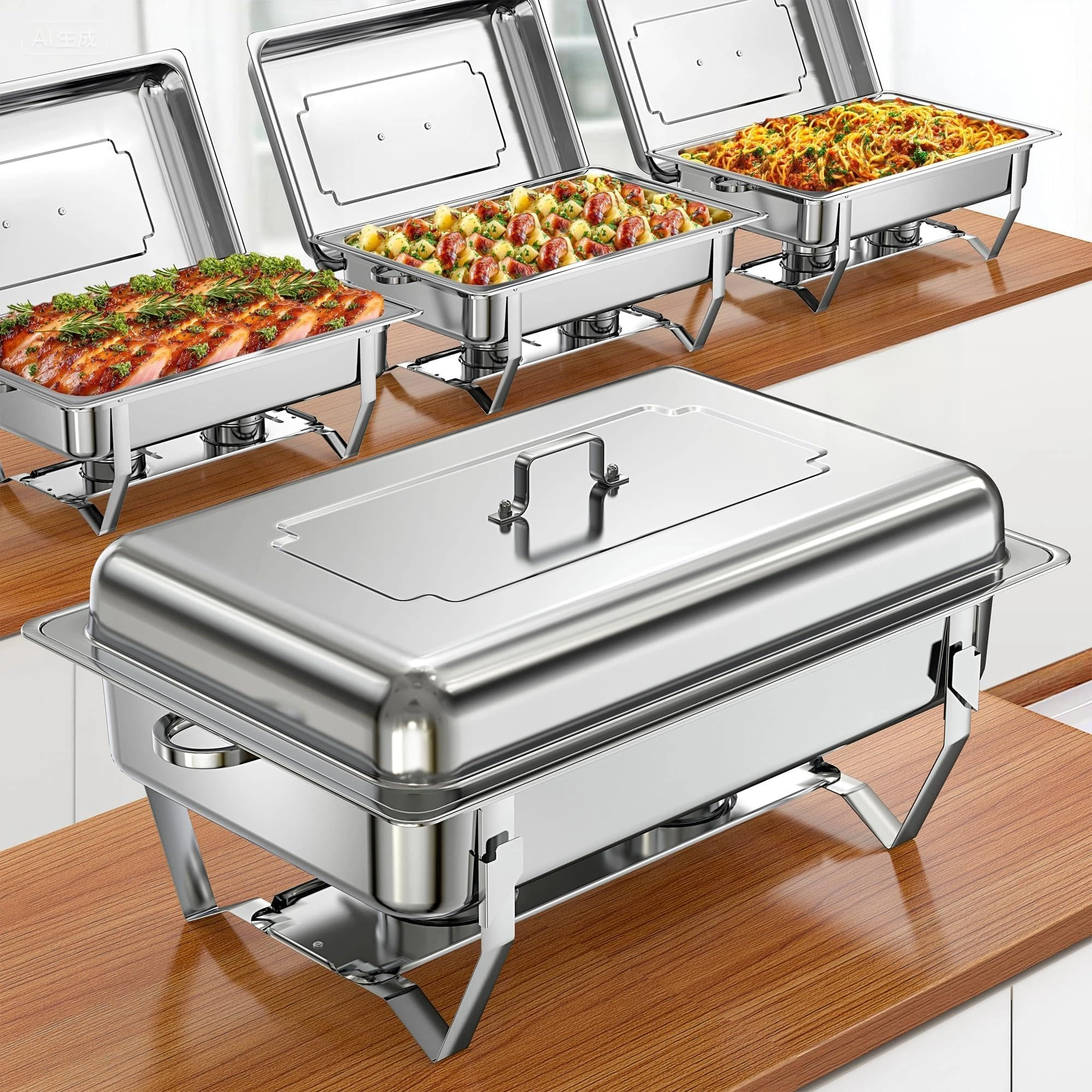 WARMOUNTS Chafing Dishes for Buffet 9QT 4 Pack, Easy Assembly, Food-Grade Stainless Steel Chafers for Catering w/Rolled Rim, Foldable Frame, for Party, Banquet (Full Size Food Pan)