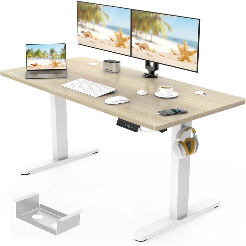Devoko 120 x 60cm Electric Standing Desk with USB Charging Port (New Sedentary Reminder), Height Adjustable Standing Desk with Cable Tray, Small Sit Stand Desk for Home Office (beige)