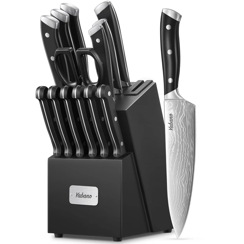 Yabano Knife Set, 14 Pieces Kitchen Knives Set with Built-in Sharpener Wooden Block, Professional German Stainless Steel Knife Block Set - Image 1