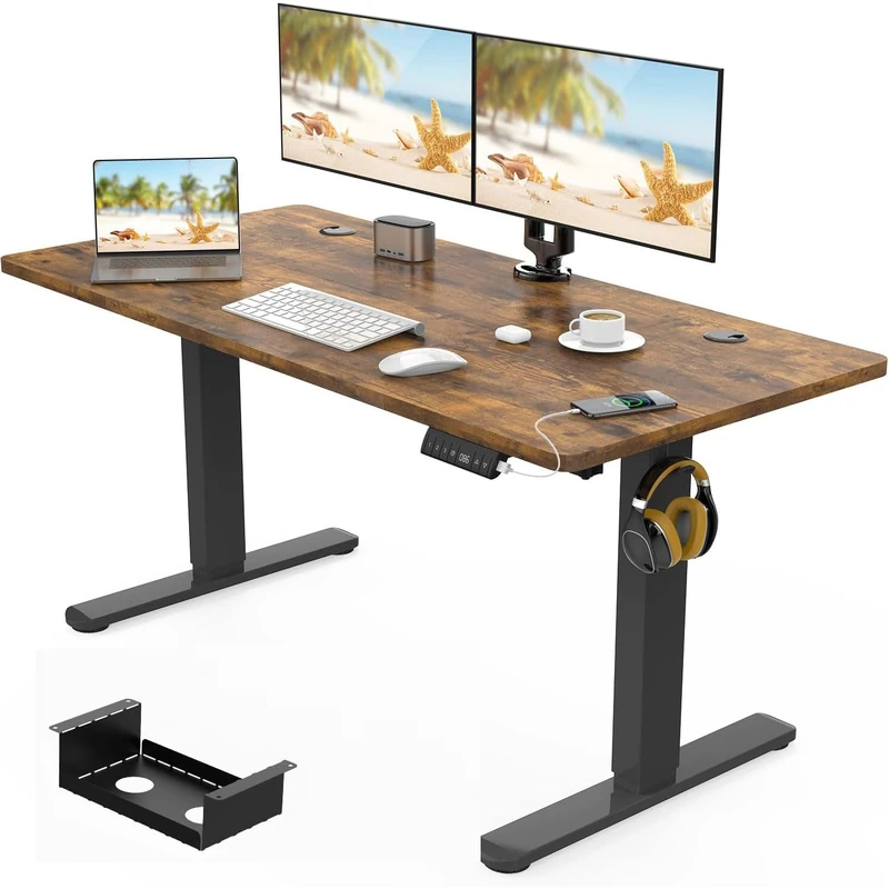 Devoko 120 x 60cm Electric Standing Desk with USB Charging Port (New Sedentary Reminder), Height Adjustable Standing Desk with Cable Tray, Small Sit Stand Desk for Home Office (Brown)