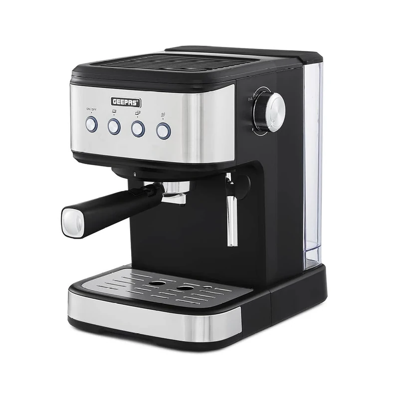GEEPAS Espresso & Cappuccino Coffee Machine with Milk Frother, 20 Bar Pressure | 1.5L Water Tank Capacity, Stainless Steel Housing | 1100W, Silver, Ideal for Barista Quality Beverages