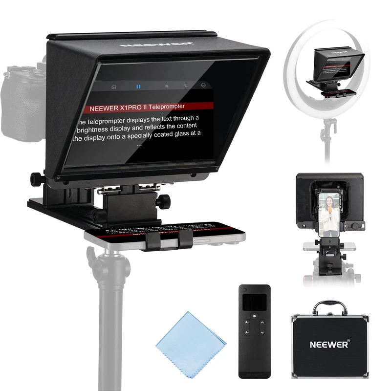 NEEWER X1 Pro II Teleprompter 9" All Metal with RT113 Remote/App Control, Quick Switch 1s Lock Arca Type QR Plate, Magnetic Phone Clamp Compatible with Android Smartphone, Assembly Free