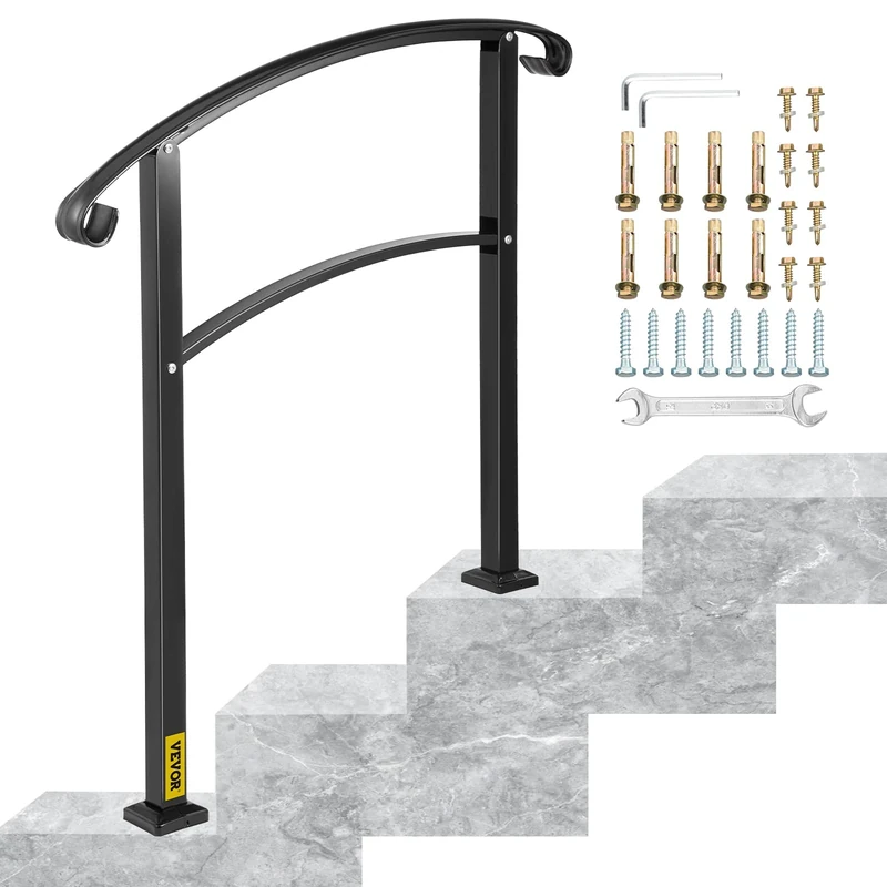 VEVOR 3-Step Transitional Handrail Fits 1 or 3 Steps Matte Stair Rail Wrought Iron Handrail with Installation Kit Hand Rails for Outdoor Steps (Unadjustable) (Black)