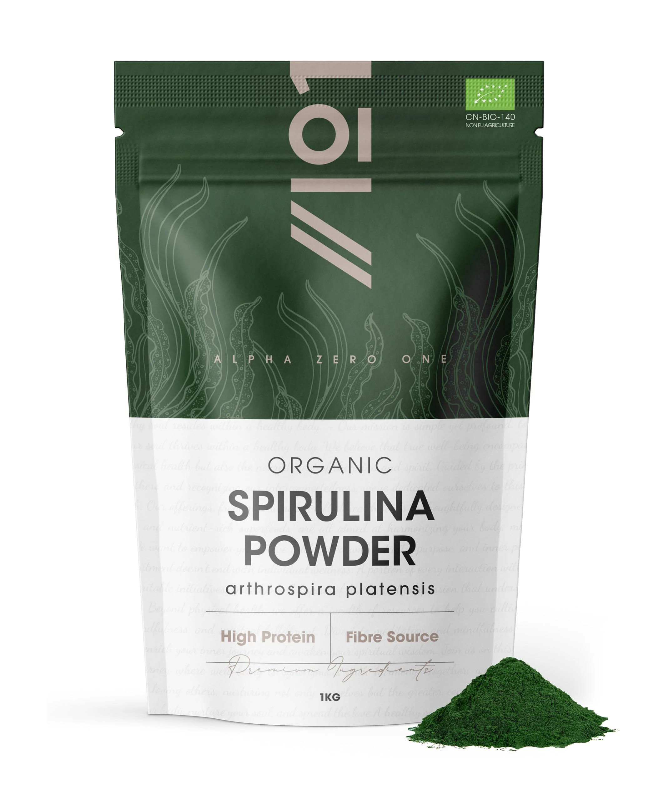Organic Spirulina Powder 1kg – 100% Cold Pressed – Resealable and Recyclable Pouch by Alpha01