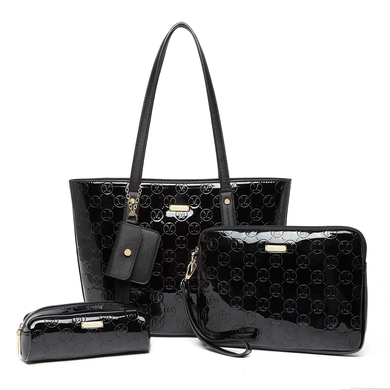 Miss Lulu Handbags for Women Tote Bag PU Leather Shoulder Bag 3Pcs Bag (Black) - Image 1
